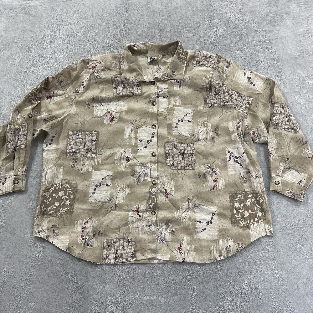 Vtg Tapestry USA Button Shirt Women 3X Cottage Long Sleeve Beige Red
